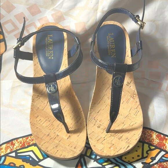 Lauren Ralph Lauren Reeta T-Strap Thong Wedge Sandals - Size 9 - Picture 1 of 9